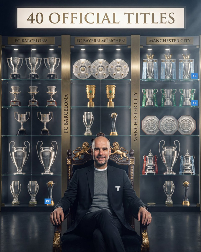 Pep đã có 40 danh hiệu trong sự nghiệp. Ảnh: Twitter