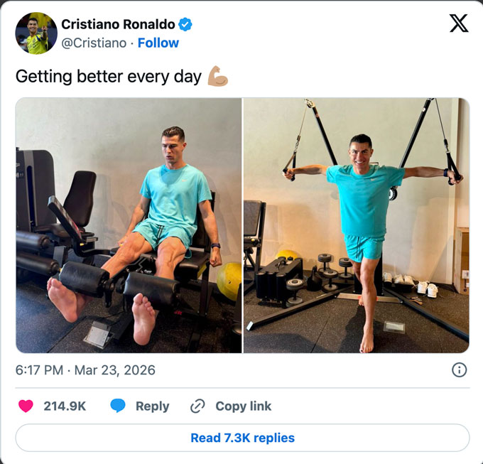 Ronaldo đăng ảnh đang trở lại tập luyện. Ảnh: Instagram nhân vật