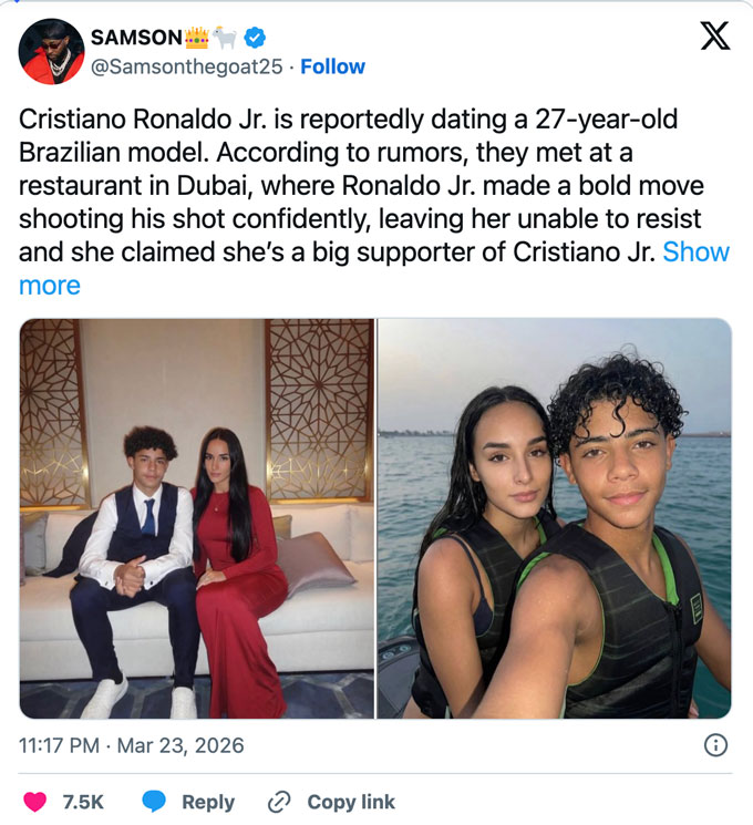 Thông tin về Cristiano Jr hẹn hò với người mẫu hơn 12 tuổi trên MXH - Ảnh: Twitter