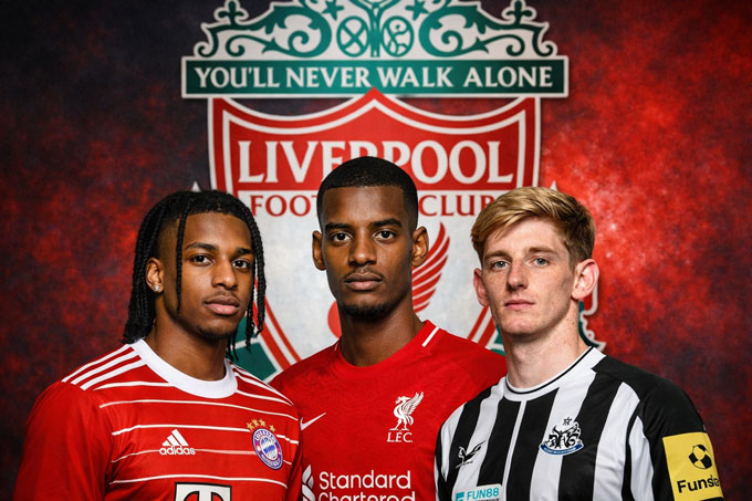 Bộ ba trong mơ trên hàng công của Liverpool mùa tới. Ảnh: AI