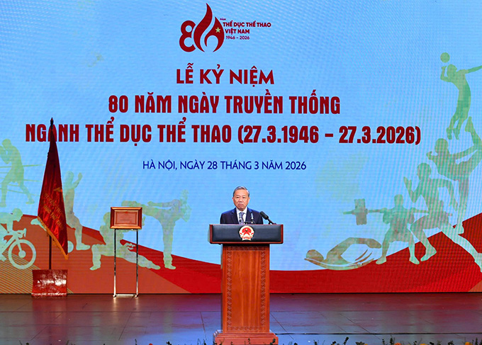 Tổng Bí thư Tô Lâm phát biểu tại Lễ kỷ niệm 80 năm Ngày truyền thống ngành Thể thao Việt Nam - Ảnh: Báo Văn Hoá