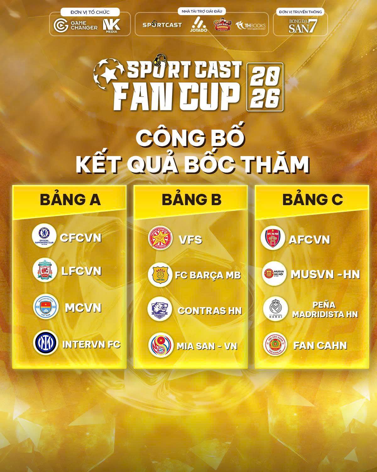 Kết quả bốc thăm chia bảng giải đấu Sportcast Fan Cup 2026