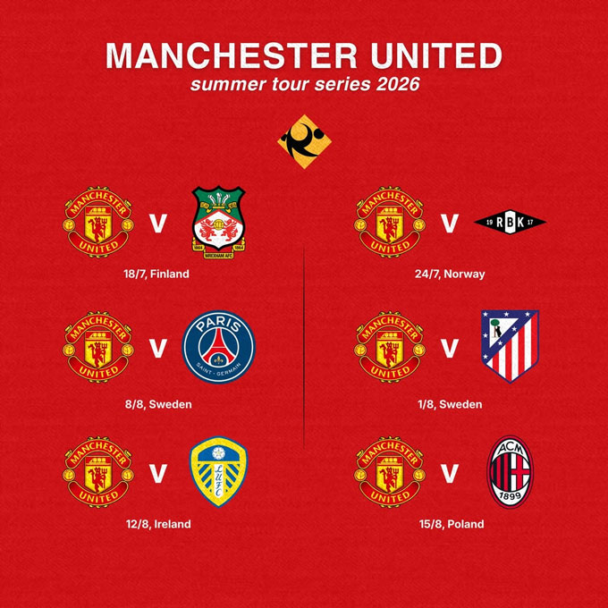 Lịch du đấu cụ thể của MU ờ hè 2026. Ảnh - Facebook Randon Football