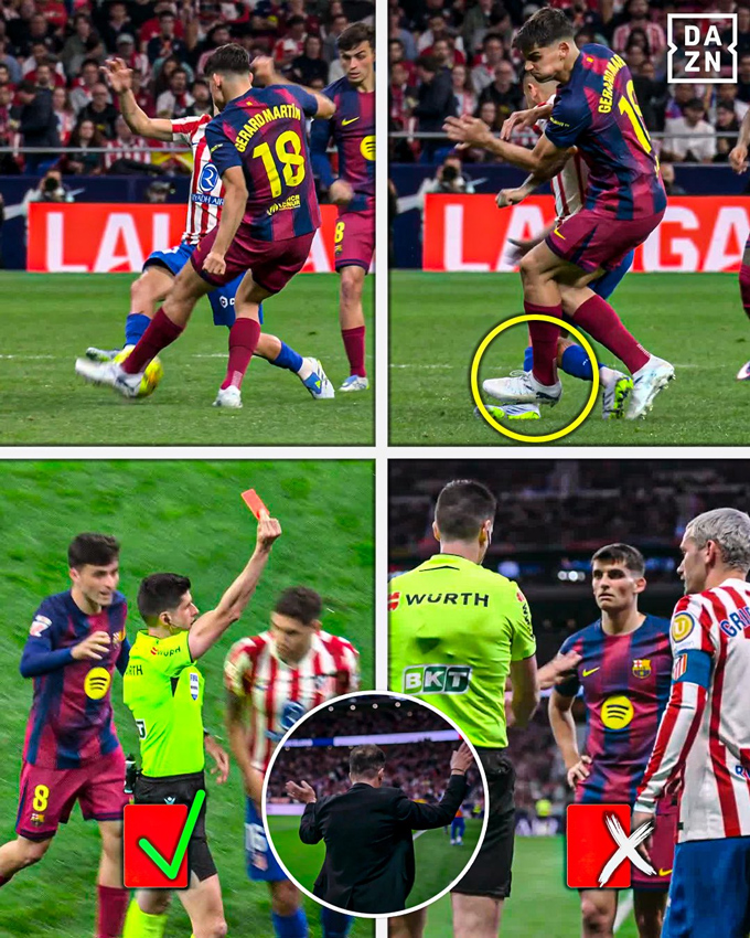 Trọng tài rút thẻ đỏ với Martin nhưng sau đó chuyển sang thẻ vàng sau khi nghe tư vấn từ VAR. Ảnh - Twitter