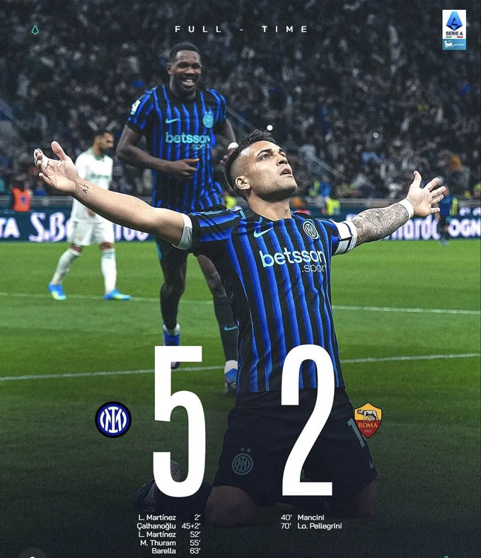 Inter đánh bại Roma với tỷ số 5-2. Ảnh - Twitter Calcio