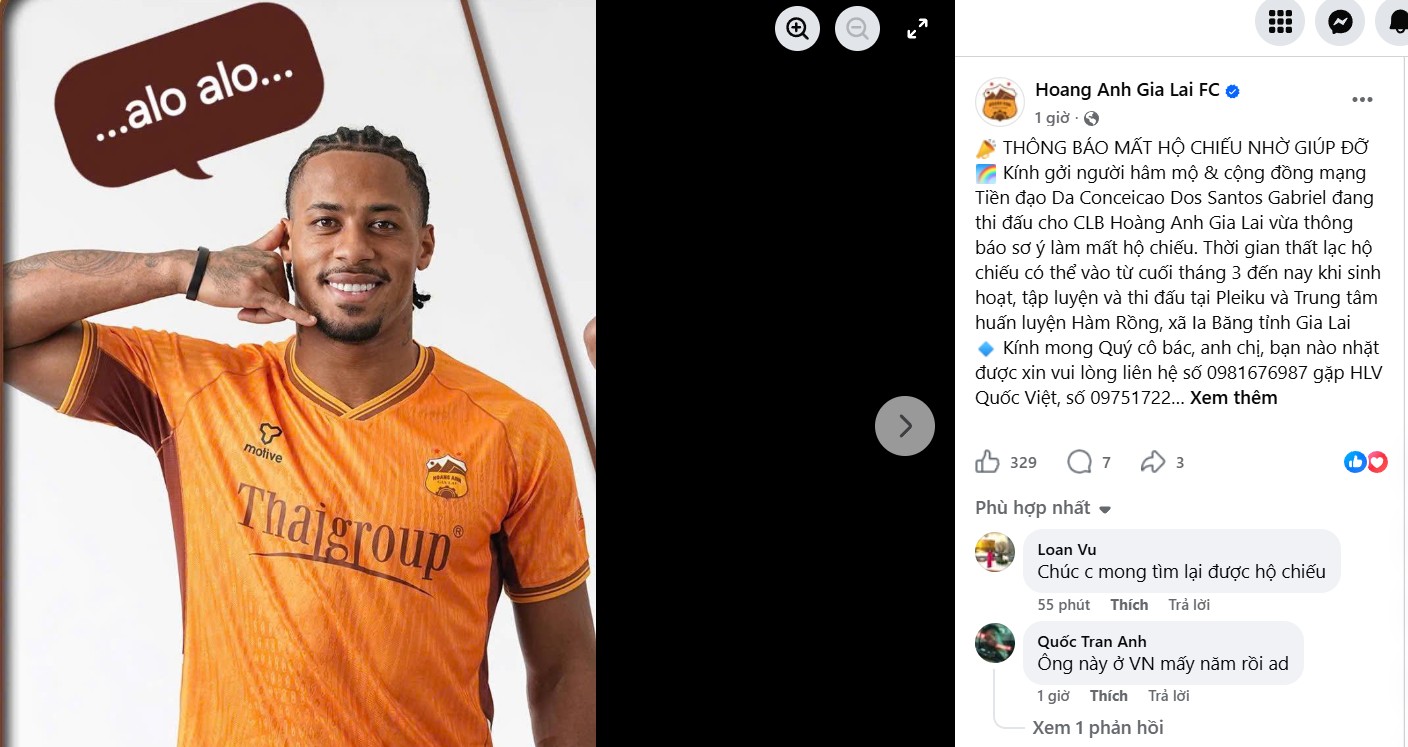 Tiền đạo Da Conceicao Dos Santos Gabriel của HAGL thông báo bị thất lạc hộ chiếu.