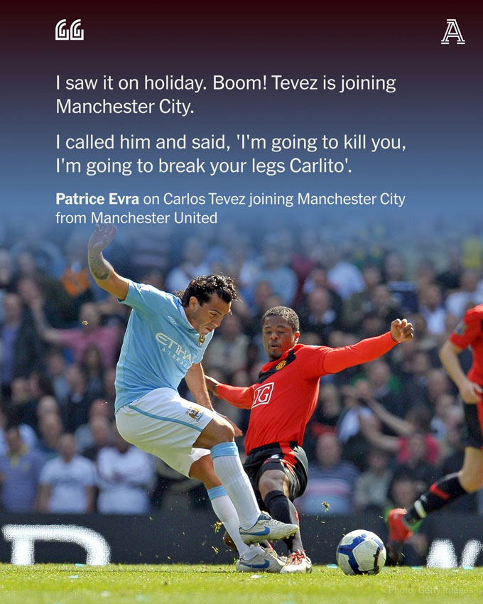 Evra thừa nhận rất đau lòng khi Tevez sang Man City. Ảnh - The Athletic