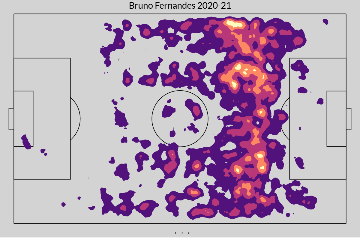 Bản đồ nhiệt của Fernandes ở mùa 2020/21 giúp MU giành vé dự Champions League - ghi được 15 bàn thắng và kiến ​​tạo (G+A) trong 14 trận đấu 