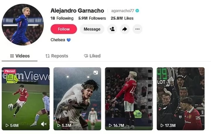 Không thấy clip của Chelsea trên trang Instagram cá nhân của Garnacho