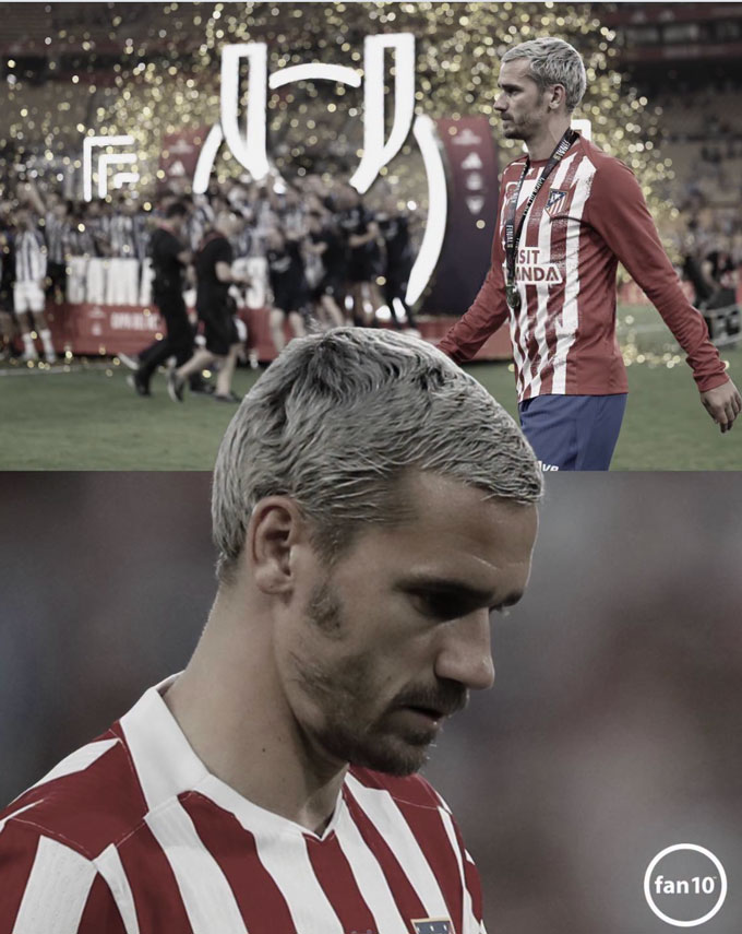 Griezmann thất vọng sau khi Atletico thua Sociedad ở chung kết Cúp Nhà vua 2025/26. Ảnh - memesfan10