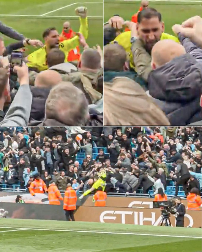 Donnarumma ăn mừng cảm xúc với CĐV Man City - Ảnh: ESPN UK