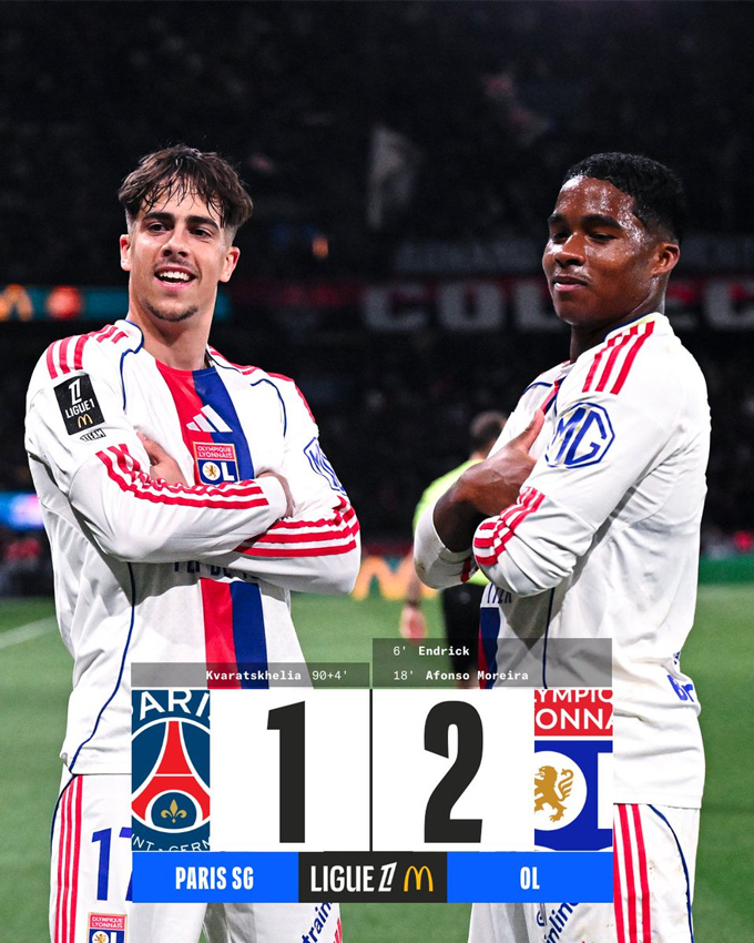 Lyon bất ngờ đánh bại PSG ngay trên sân đối phương. Ảnh - Twitter Ligue 1 McDonald's