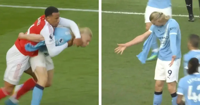 Áo của Haaland bị rách toạc sau pha tranh chấp với Gabriel - Ảnh: Tribuna