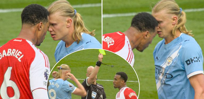 Haaland và Gabriel húc đầu nhau rồi mỗi người nhận 1 thẻ vàng