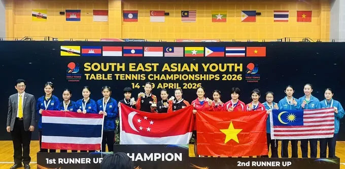 Bóng bàn trẻ Việt Nam giành HCĐ nội dung đồng đội nữ U19. Ảnh: SEATABLETENNIS