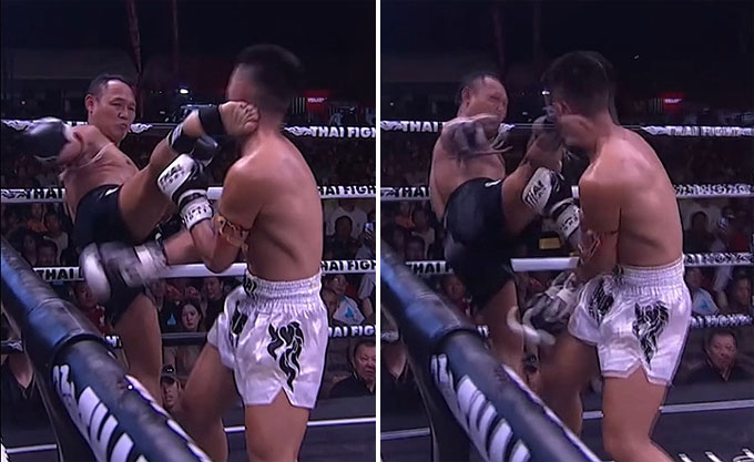 Saenchai tung đòn đá hạ gục võ sĩ Wu Guanhao - Ảnh: Thai Fight