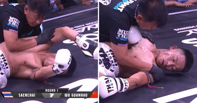 Guanhao đổ gục xuống sàn sau cú ra chân hiểm hóc của Saenchai. Ảnh: Thai Fight