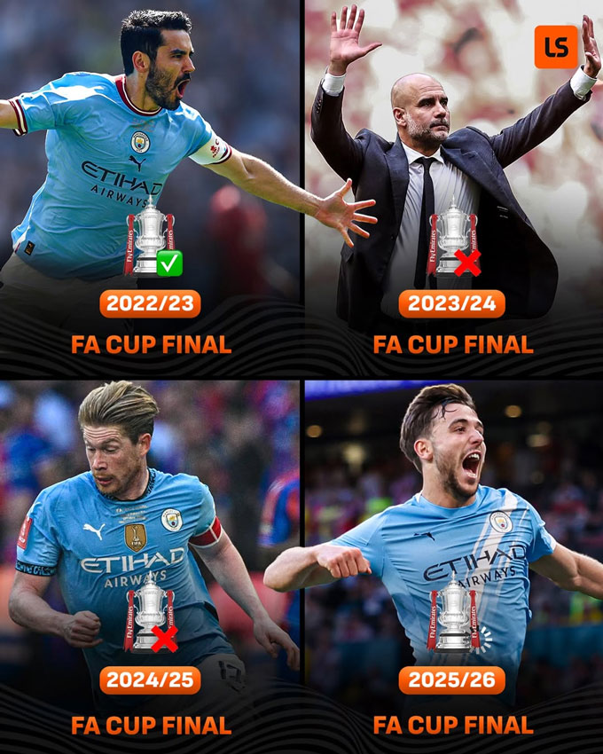 Man City trở thành đội bóng đầu tiên trong lịch sử lọt vào 4 trận chung kết FA Cup liên tiếp - Ảnh: Livescore