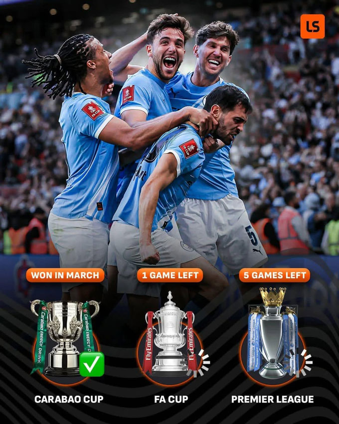 Man City đang hướng tới cú ăn ba quốc nội sau khi đã vô địch League Cup, vào chung kết FA Cup và đang đua vô địch Premier League - Ảnh: Livescore