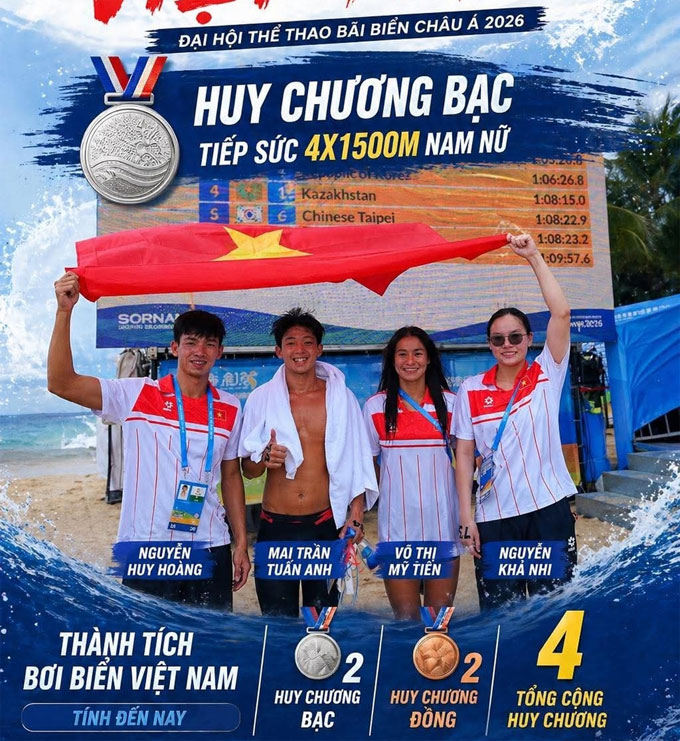 Đội bơi 4x1500m đã giành HCB ở Đại hội thể thao bãi biển châu Á 2026