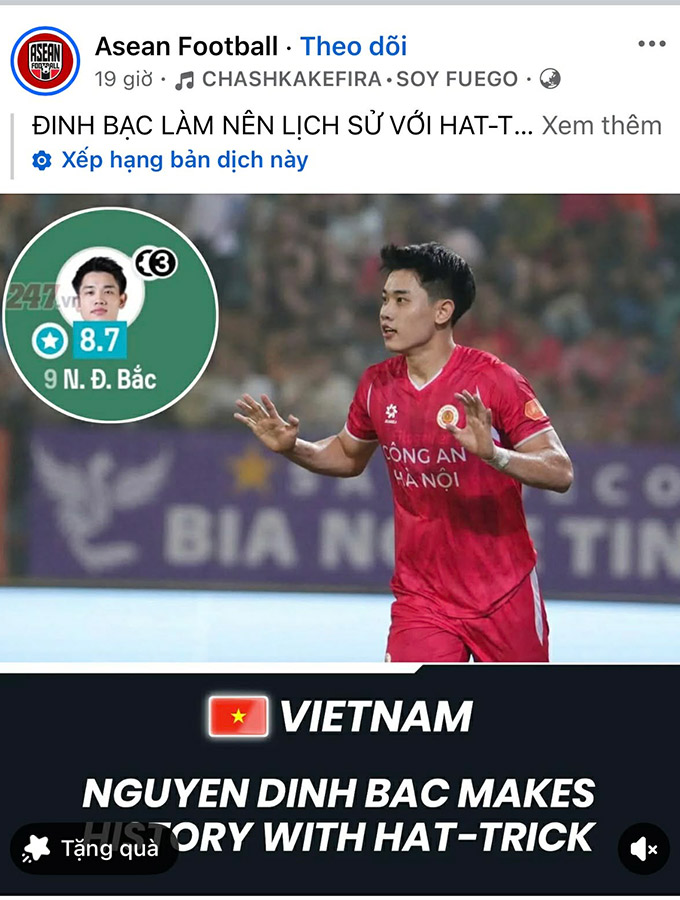 Trang Asean Football có bài viết khen ngợi về cú hat-trick của Đình Bắc vào lưới SLNA 