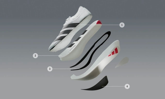 Các lớp của đôi Pro Evo 3, gồm phần upper (1), bộ đệm giữa (2), thanh carbon (3) và đế ngoài (4) với lớp cao su mỏng ở nửa trước bàn chân. Ảnh: adidas