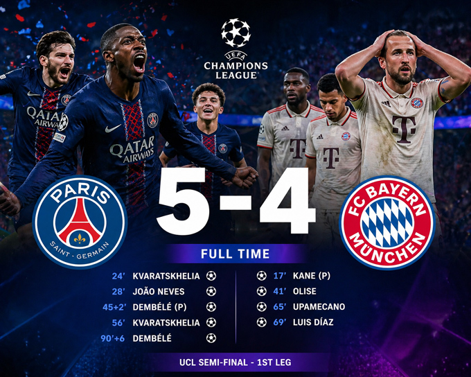 PSG và Bayern đã cống hiện một trận cầu đỉnh cao với 9 bàn thắng được ghi - Ảnh: AI