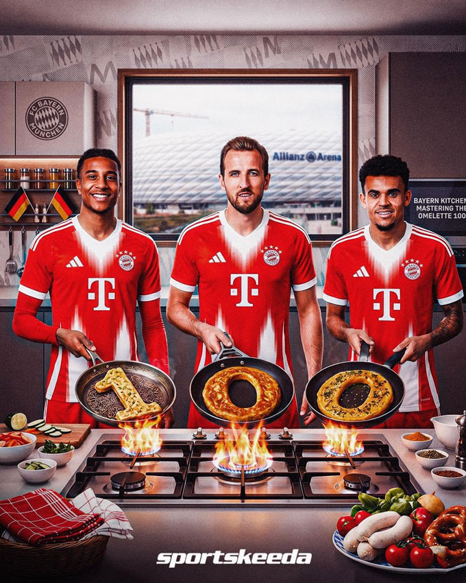 Bộ ba Diaz - Kane - Olise đã có tổng cộng 100 bàn mùa này - Ảnh: Sportskeeda Football