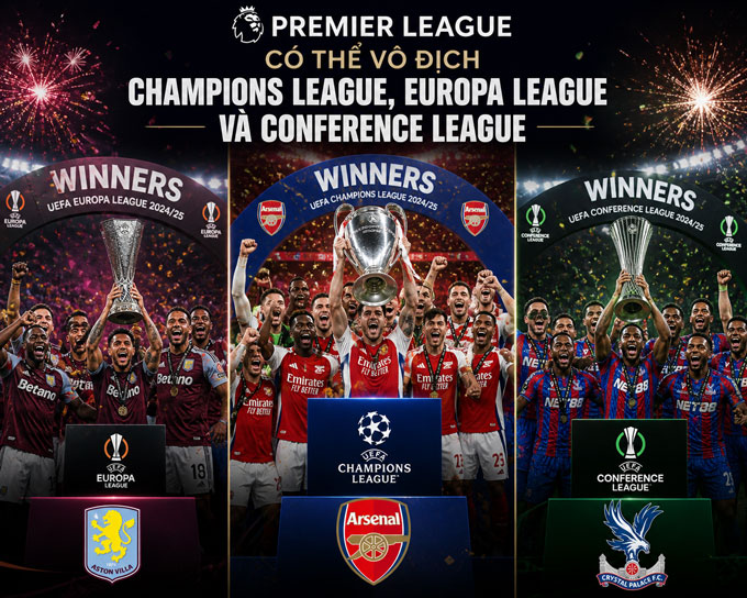 Premier League đứng trước cơ hội vô địch cả 3 cúp châu Âu mùa này - Ảnh: AI