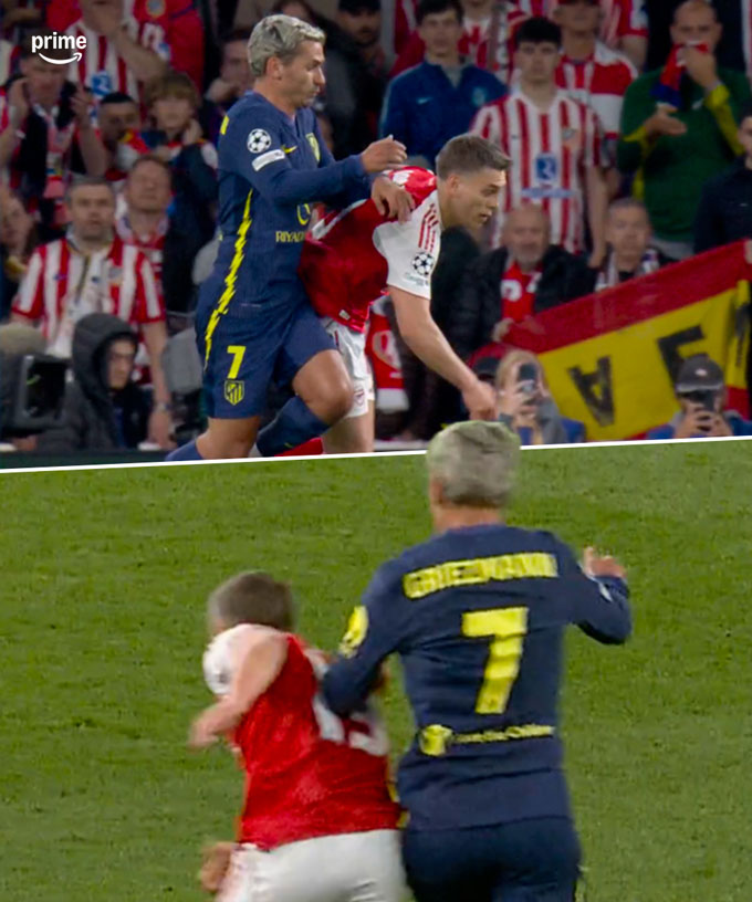 Arsenal cũng từng không được hưởng penalty trong hiệp một khi Leandro Trossard ngã trong vòng cấm sau pha tranh chấp với chính Griezmann - Ảnh: Prime Video Sport UK