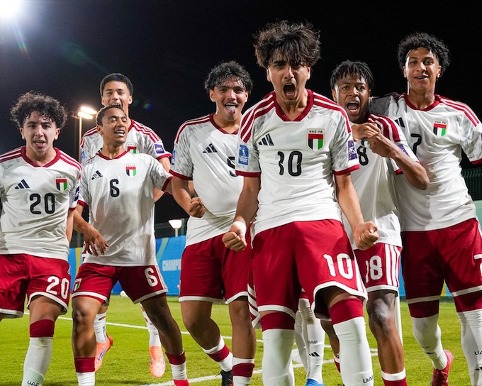 Niềm vui của cầu thủ U17 UAE khi có bàn thắng sớm. Ảnh: AFC