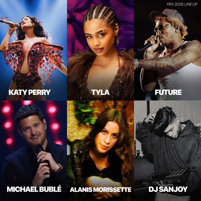 Dàn nghệ sĩ nổi tiếng như Tyla, Katy Perry, Future và nhiều người khác cũng sẽ biểu diễn tại Lễ khai mạc World Cup 2026 - Ảnh: X @btf0327
