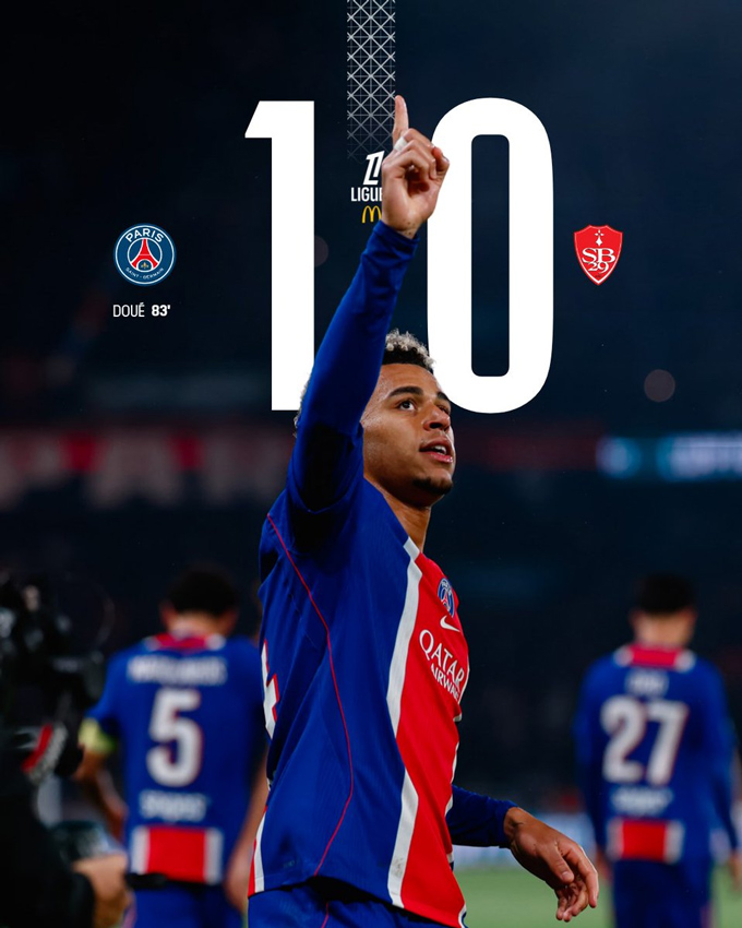 Doue ghi bàn duy nhất giúp PSG đánh bại Brest - Ảnh: @PSG_inside