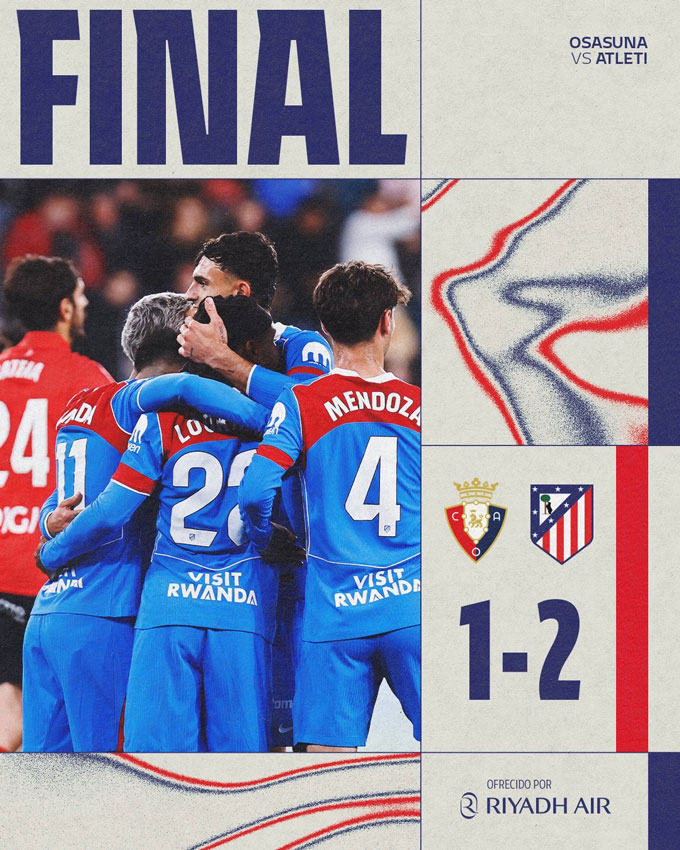 Atletico hạ Osasuna 2-1 để đảm bảo vị trí thứ 4 - Ảnh: @Atleti