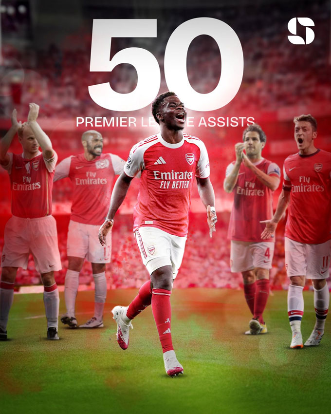 Saka là cầu thủ thứ 5 của Arsenal có được 50 kiến tạo tại Premier League - Ảnh: @Squawka