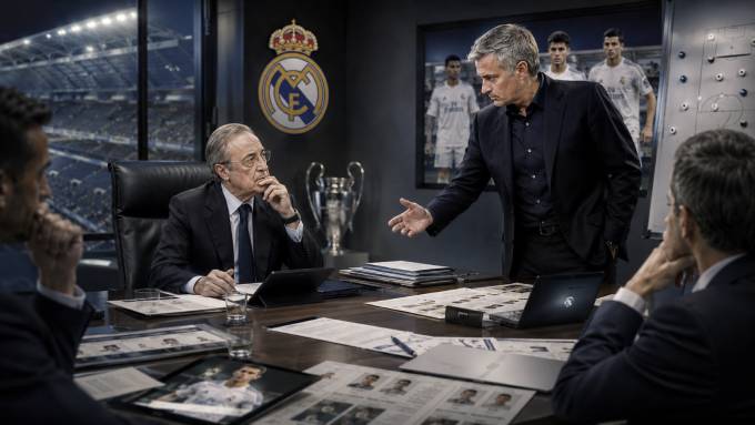 Florentino Perez cần cân nhắc kỹ trước khi trao quyền cho Jose Mourinho (ảnh do AI tạo)