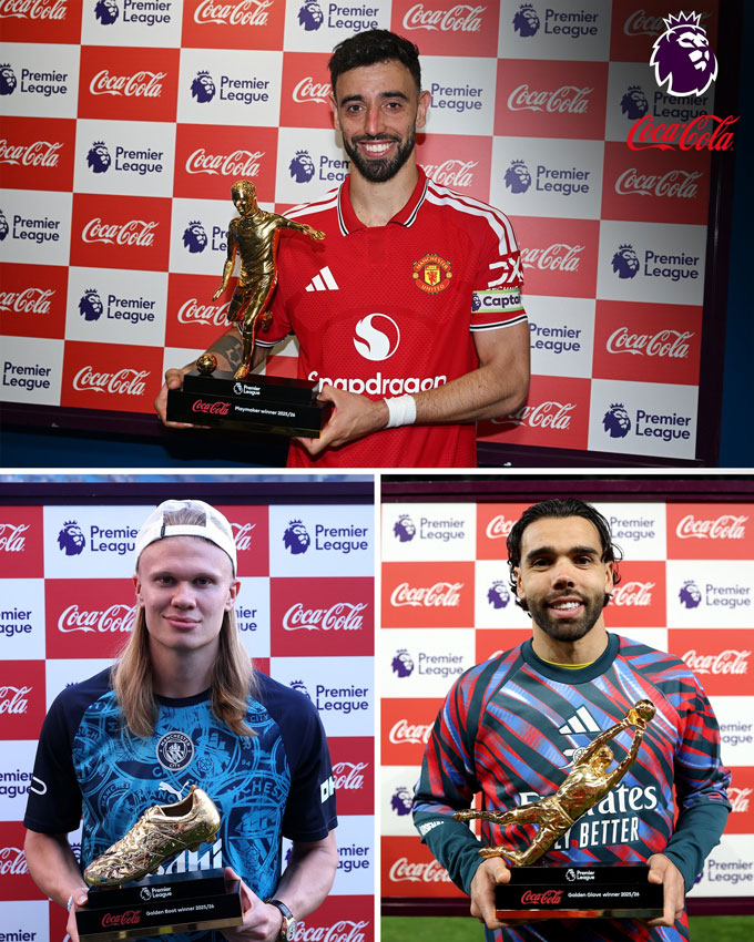 Haaland nhận giải Vua phá lưới, Bruno Fernandes là cầu thủ xuất sắc nhất còn Raya giành Găng tay vàng - Ảnh: @premierleague