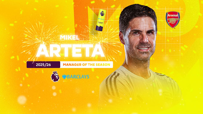 Arteta được trao giải HLV xuất sắc nhất Premier League mùa 2025/26 - Ảnh: premierleague.com