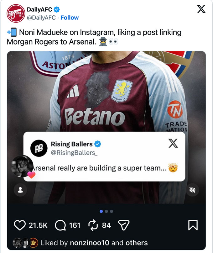 Madueke thích bài đăng Arsenal đang theo đuổi Rogers