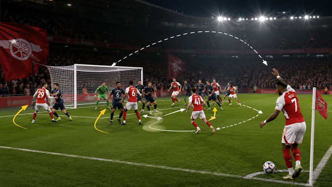 Arsenal giờ đã biến hóa rất nhiều trong các tình huống cố định và có nhiều phương án tấn công linh hoạt - Ảnh: AI