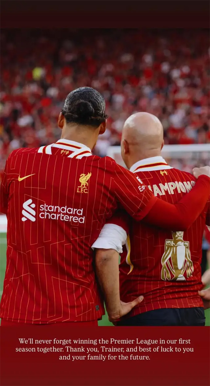 Van Dijk cảm ơn Slot vì hành trình 2 năm sát cánh cùng nhau