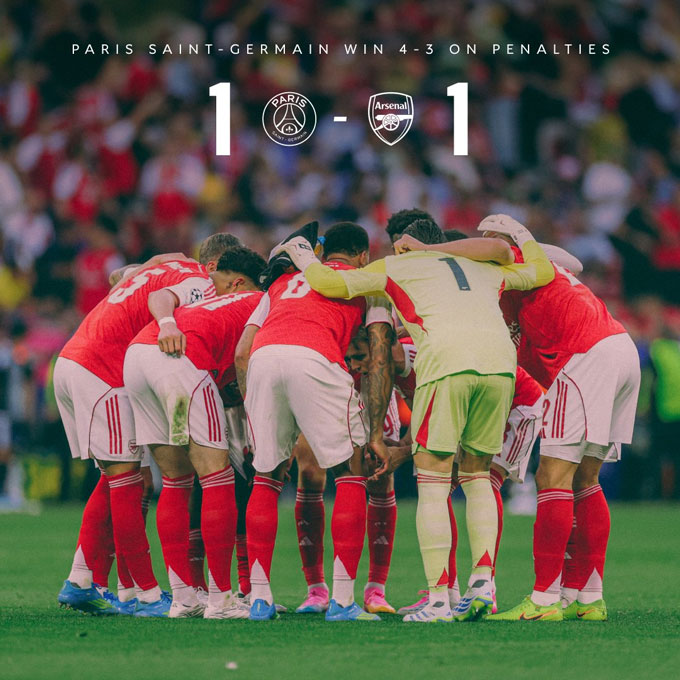 Arsenal để thua PSG sau loạt luân lưu ở chung kết Champions League 2025/26 - Ảnh: @Arsenal