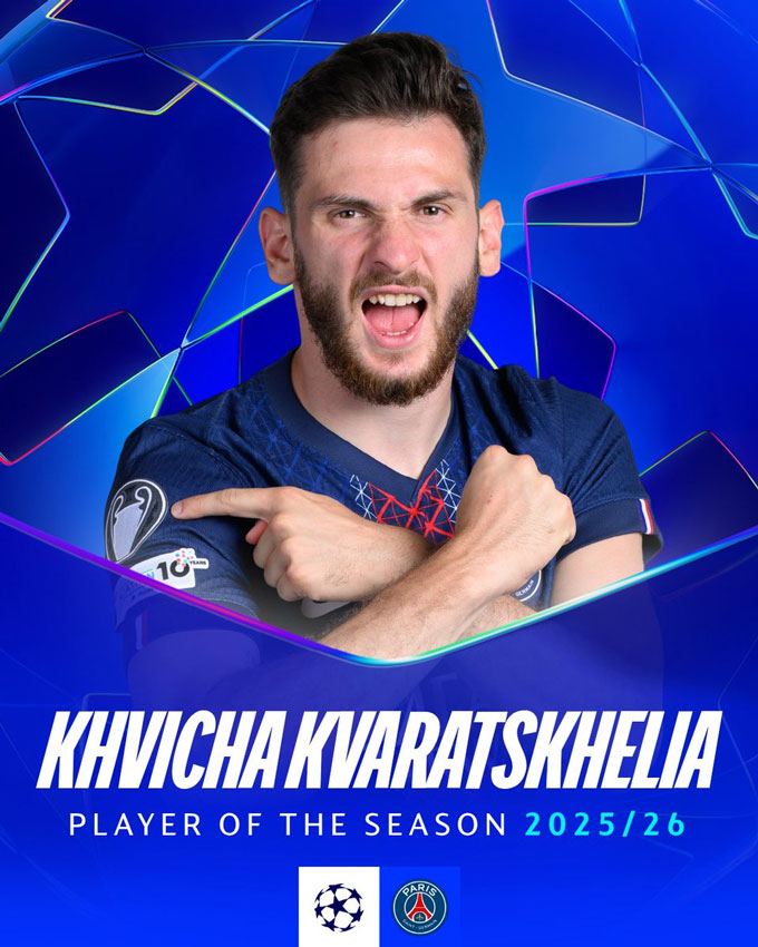 Kvaratskhelia giành giải cầu thủ xuất sắc nhất Champions League 2025/26 - Ảnh: @ChampionsLeague