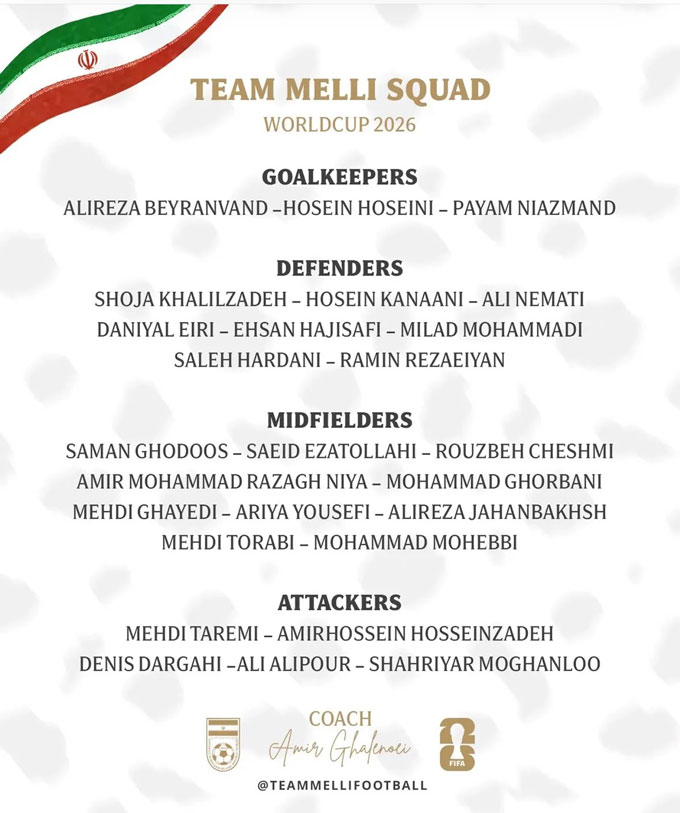 Danh sách 26 cầu thủ Iran dự World Cup 2026 - Ảnh: @Persian_Culer