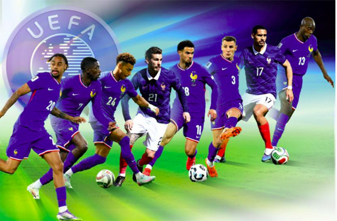 Từ trái sang phải: Barcola, Dembele, Doue, Lucas Hernandez, Zaire-Emery, Digne, Lacroix và Mateta - 8 nhà vô địch châu Âu mùa này của ĐT Pháp - Ảnh: L'Equipe.