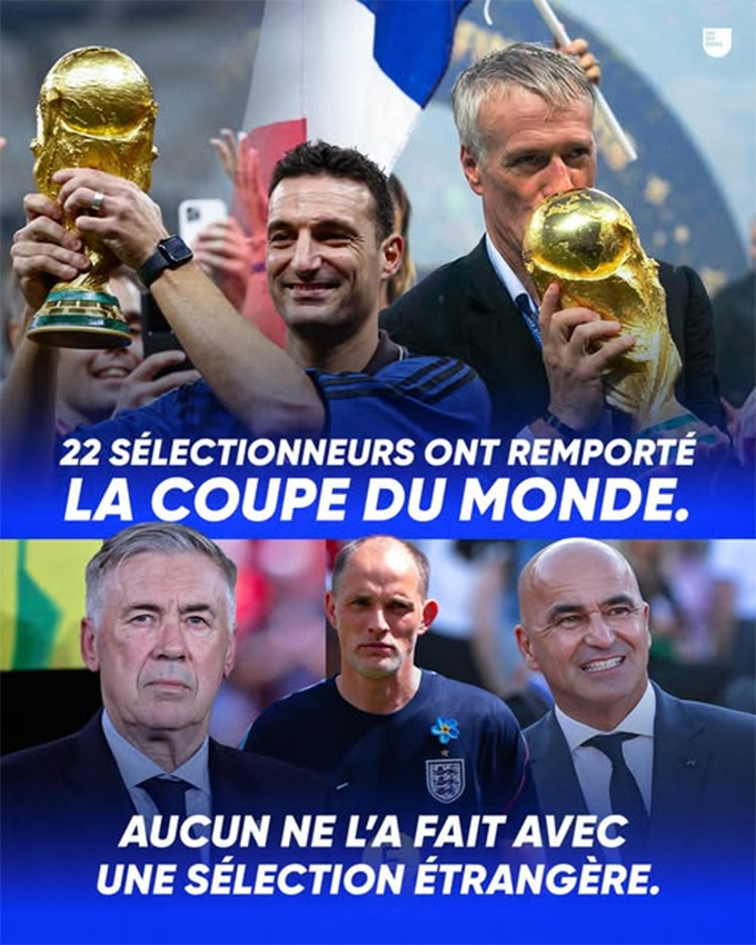 Những HLV nâng Cúp vàng World Cup đều dẫn dắt ĐTQG quê nhà, nhưng Anh, Bồ Đào Nha và Brazil đang được dẫn dắt bởi HLV ngoại quốc