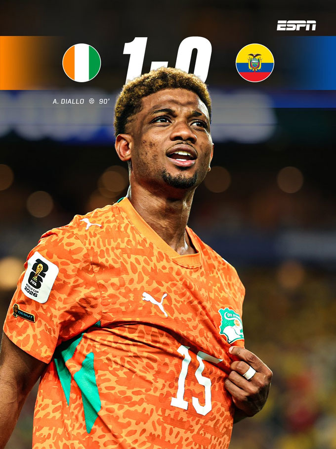 Diallo ghi bàn mang về chiến thắng cho Bờ Biển Ngà ở trận ra quân World Cup 2026 - Ảnh: ESPN