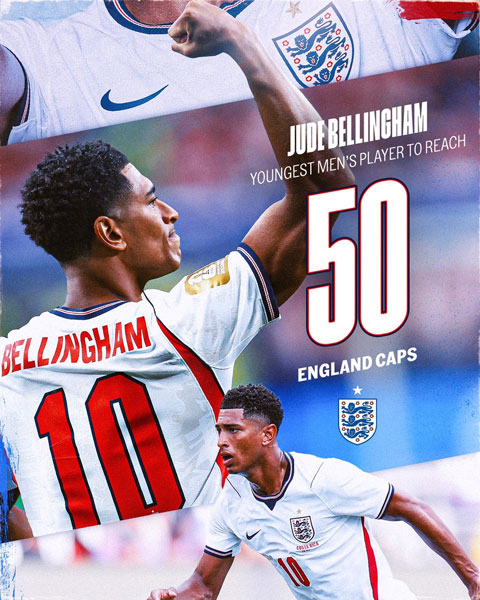Bellingham cán mốc 50 trận cho ĐT Anh - Ảnh: @England