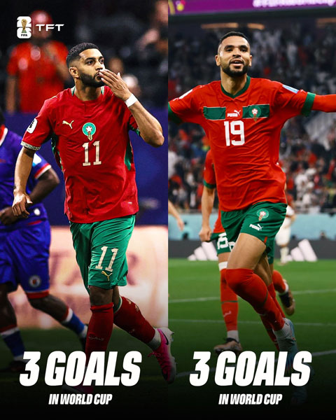 Saibari đã cân bằng thành tích ghi bàn nhiều nhất cho Morocco tại các kỳ World Cup với Youssef En-Nesyri - Ảnh: @TFT_Morocco