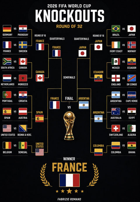 Dự đoán kết quả vòng knock-out World Cup 2026 của siêu máy tính - Ảnh: @Deestar